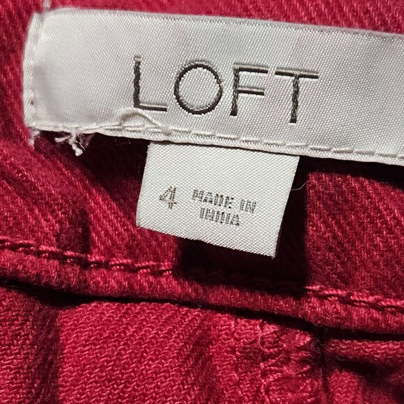 LOFT Red Denim Belted Skirt Womens Size 4 Button Front Pockets Midi Pencil - Picture 3 of 4